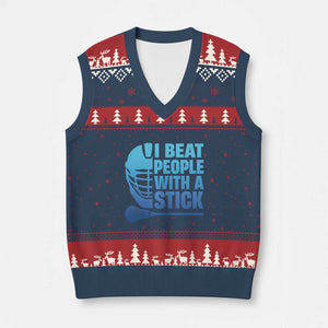 Funny Lacrosse Player V-Neck Knit Sweater Vest I Beat People With A Stick Funny Saying TS10 Navy Red Print Your Wear