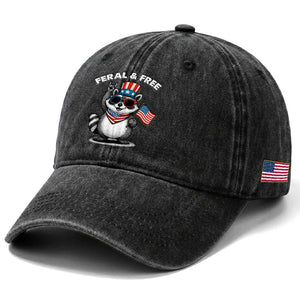 Funny Raccoon July 4th Washed Cotton Baseball Cap Patriotic Trash Panda Feral But Free TS10 Print Your Wear