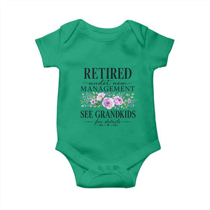 Retired Grandma Gift Baby Onesie Retired Under New Management See Grandkids For Details Retirement Flower Graphic TS10 Irish Green Print Your Wear