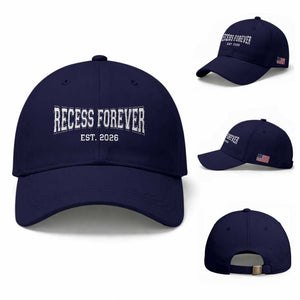 Retired Teacher Baseball Cap Retro Varsity Vintage Recess Forever Retirement 2026 TS10 Baseball Cap Universal Fit Dark Blue Print Your Wear