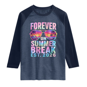 Retired Teacher Raglan Shirt Forever On Summer Break Retirement 2026 TS10 Heather Denim Navy Print Your Wear