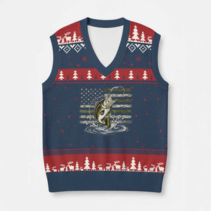 Vintage Bass Fishing Camouflage V-Neck Knit Sweater Vest Patriotic Largemouth Bass Angler Fishing Lovers Fisherman Camo US Flag