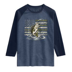 Vintage Bass Fishing Camouflage Raglan Shirt Patriotic Largemouth Bass Angler Fishing Lovers Fisherman Camo US Flag
