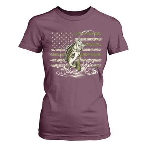 Vintage Bass Fishing Camouflage T Shirt For Women Patriotic Largemouth Bass Angler Fishing Lovers Fisherman Camo US Flag