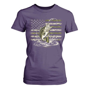 Vintage Bass Fishing Camouflage T Shirt For Women Patriotic Largemouth Bass Angler Fishing Lovers Fisherman Camo US Flag