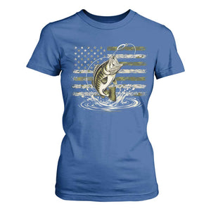 Vintage Bass Fishing Camouflage T Shirt For Women Patriotic Largemouth Bass Angler Fishing Lovers Fisherman Camo US Flag
