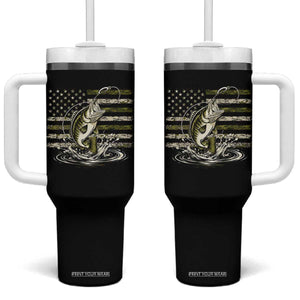 Vintage Bass Fishing Camouflage Tumbler With Handle Patriotic Largemouth Bass Angler Fishing Lovers Fisherman Camo US Flag