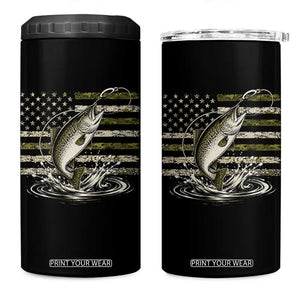 Camouflage American Flag Trout Fishing 4 in 1 Can Cooler Tumbler Patriotic Saltwater Angler Gift Sea Fishing Lovers