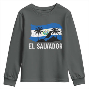 El Salvador Flag Youth Sweatshirt Salvadoran Pride Torogoz Bird Palm Tree Volcano TS10 Dark Heather Print Your Wear