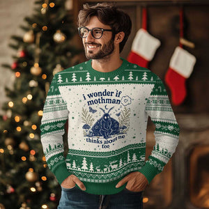 Funny Mothman Ugly Christmas Sweater I Wonder If Mothman Thinks About Me Too Cryptid Weirdcore
