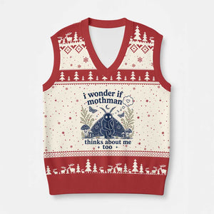 Funny Mothman V-Neck Knit Sweater Vest I Wonder If Mothman Thinks About Me Too Cryptid Weirdcore