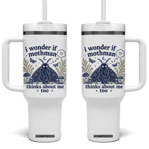 Funny Mothman Tumbler With Handle I Wonder If Mothman Thinks About Me Too Cryptid Weirdcore