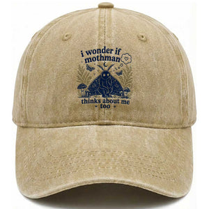 Funny Mothman Washed Cotton Baseball Cap I Wonder If Mothman Thinks About Me Too Cryptid Weirdcore