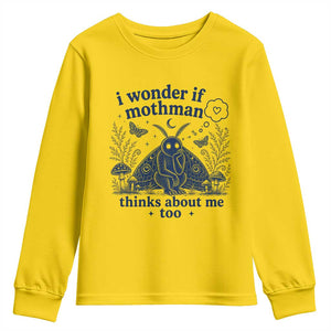 Funny Mothman Youth Sweatshirt I Wonder If Mothman Thinks About Me Too Cryptid Weirdcore
