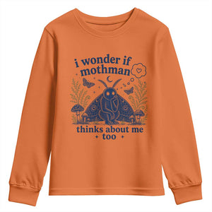 Funny Mothman Youth Sweatshirt I Wonder If Mothman Thinks About Me Too Cryptid Weirdcore