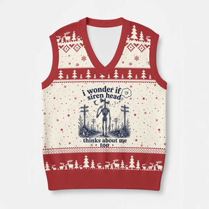 Funny Siren Head V-Neck Knit Sweater Vest I Wonder If Siren Head Thinks About Me Too Weirdcore Cryptid Lovers