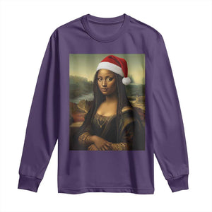 Funny Black Christmas Long Sleeve Shirt Vintage Mona Lisa Afro Santa Da Vinci Xmas - Print Your Wear