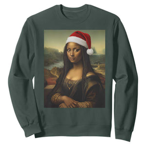 Funny Black Christmas Sweatshirt Vintage Mona Lisa Afro Santa Da Vinci Xmas TS10 Dark Forest Green Print Your Wear