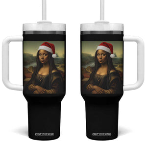 Funny Black Christmas Tumbler With Handle Vintage Mona Lisa Afro Santa Da Vinci Xmas - Print Your Wear