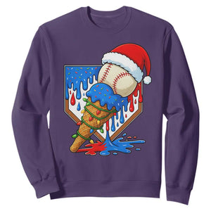 Christmas Baseball Ice Cream Drip Sweatshirt Santa Sports Player Xmas Light Boys Baseball Bat TS10 Purple Print Your Wear