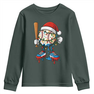Christmas Baseball Ice Cream Drip Youth Sweatshirt Santa Sports Xmas Baseball Player TS10 Dark Forest Green Print Your Wear