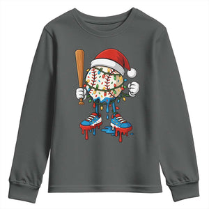 Christmas Baseball Ice Cream Drip Youth Sweatshirt Santa Sports Xmas Baseball Player TS10 Dark Heather Print Your Wear