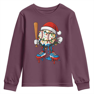 Christmas Baseball Ice Cream Drip Youth Sweatshirt Santa Sports Xmas Baseball Player TS10 Maroon Print Your Wear