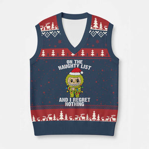 Funny Xmas V-Neck Knit Sweater Vest On the Naughty List I Regret Nothing Kawaii Bubu TS10 Navy Red Print Your Wear
