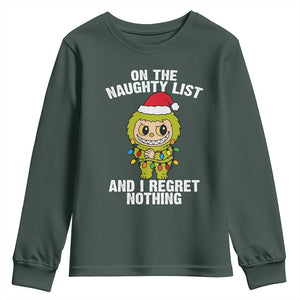 Funny Christmas Youth Sweatshirt On the Naughty List I Regret Nothing Kawaii Bubu TS10 Dark Forest Green Print Your Wear