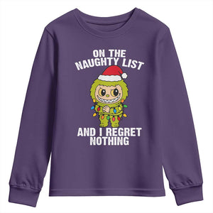 Funny Christmas Youth Sweatshirt On the Naughty List I Regret Nothing Kawaii Bubu TS10 Purple Print Your Wear