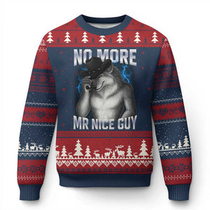 Funny Alpha Wolf Ugly Christmas Sweater No More Mr Nice Guy Unhinged Brainrot Meme Vintage Bootleg TS10 Navy Red Print Your Wear