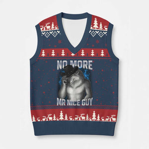 Funny Alpha Wolf V-Neck Knit Sweater Vest No More Mr Nice Guy Unhinged Brainrot Meme Vintage Bootleg TS10 Navy Red Print Your Wear