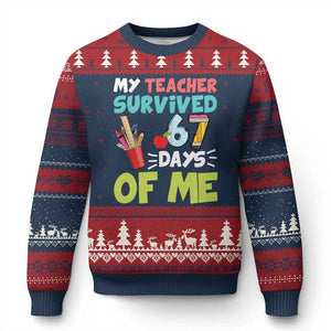 My Teacher Survived 67 Days Of Me Ugly Christmas Sweater Funny Six Seven Teen Gen Z Alpha Meme TS10 Navy Red Print Your Wear