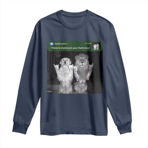 There is Motion at Your Front Door Long Sleeve Shirt Funny Golden Retriever Dog And Lion Motion Meme TS10 Navy Print Your Wear