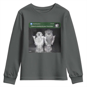 There is Motion at Your Front Door Youth Sweatshirt Funny Golden Retriever Dog And Lion Motion Meme TS10 Dark Heather Print Your Wear