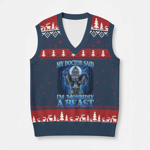 Funny Alpha Wolf V-Neck Knit Sweater Vest My Doctor Said I'm Morbidly A Beast Meme TS10 Navy Red Print Your Wear