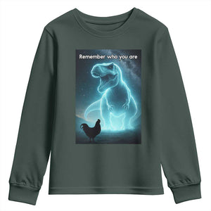 Remember Who You Are Youth Sweatshirt Funny Evolution Joke Meme Chicken Dinosaur TS10 Dark Forest Green Print Your Wear