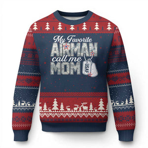 Proud Air Force Family Ugly Christmas Sweater My Favorite Airman Calls Me Mom TS10 Navy Red Print Your Wear