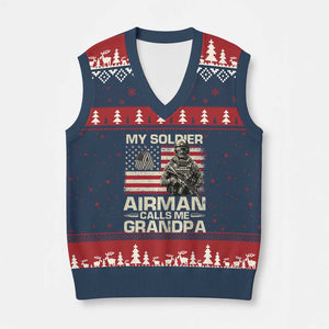 Proud Air Force Grandpa V-Neck Knit Sweater Vest My Soldier Airman Calls Me Grandpa US Flag TS10 Navy Red Print Your Wear