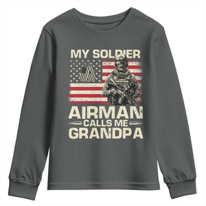 Proud Air Force Grandpa Youth Sweatshirt My Soldier Airman Calls Me Grandpa US Flag TS10 Dark Heather Print Your Wear