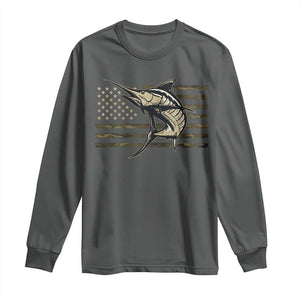Fishing Camouflage US Flag Long Sleeve Shirt Swordfish Fish Fisherman Camo TS10 Dark Heather Print Your Wear