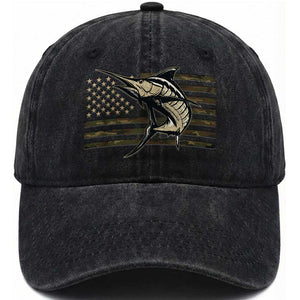 Fishing Camouflage US Flag Washed Cotton Baseball Cap Swordfish Fish Fisherman Camo