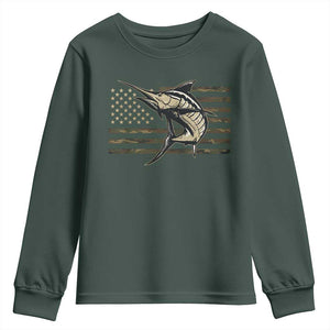 Fishing Camouflage US Flag Youth Sweatshirt Swordfish Fish Fisherman Camo TS10 Dark Forest Green Print Your Wear