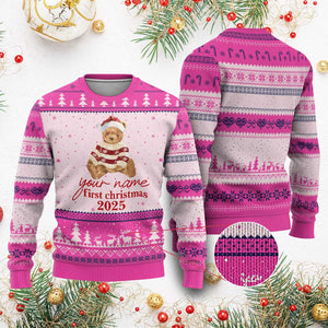 Personalised My First Xmas Ugly Christmas Sweater Custom Name Newborn Baby 1st Xmas TS10 Hot Pink Print Your Wear