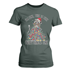 Christmas Racoon T Shirt For Women I'm Fine Everything Is Fine Xmas Lights TS10 Dark Forest Green Print Your Wear