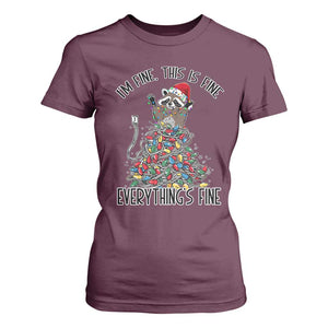 Christmas Racoon T Shirt For Women I'm Fine Everything Is Fine Xmas Lights TS10 Maroon Print Your Wear