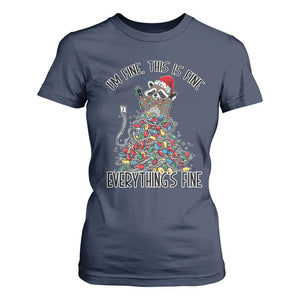 Christmas Racoon T Shirt For Women I'm Fine Everything Is Fine Xmas Lights TS10 Navy Print Your Wear