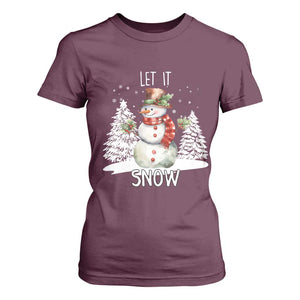 Christmas Let It Snow T Shirt For Women Funny Snowman Snowflakes Xmas Tree TS10 Maroon Print Your Wear