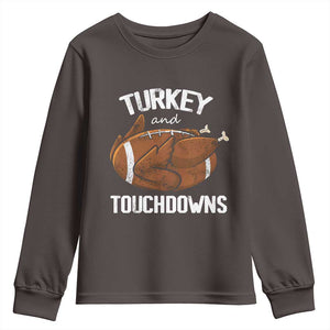 Funny Thanksgiving Youth Sweatshirt Turkey and Touchdowns Football Season TS10 Dark Chocolate Print Your Wear