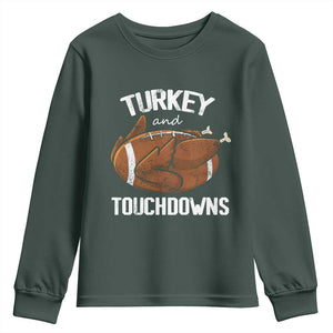 Funny Thanksgiving Youth Sweatshirt Turkey and Touchdowns Football Season TS10 Dark Forest Green Print Your Wear